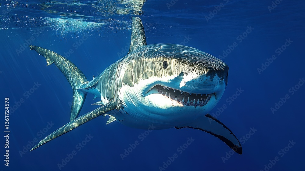 Fototapeta premium Majestic great white shark breaches the deep blue, jaws agape, showcasing formidable teeth in a thrilling ocean view