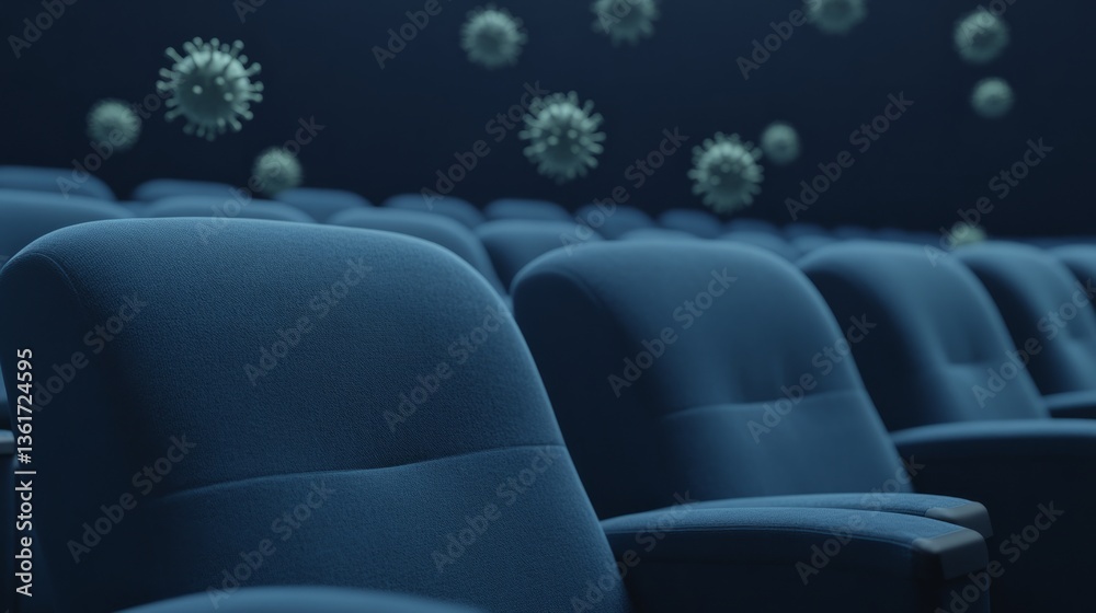 Obraz premium Empty cinema chairs in a dark theater with floating virus particles symbolizing health concerns and the impact on movie-going experiences