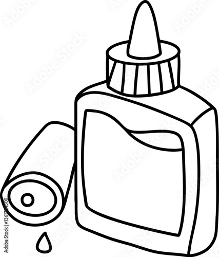 A simple illustration of a glue bottle with a rolled adhesive next to it, featuring a drop of glue at the base.