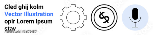 Gear for operations, dollar symbol for finance, microphone for communication in circular icons. Ideal for tech, business, finance, communication, media innovation minimalism. Abstract line flat