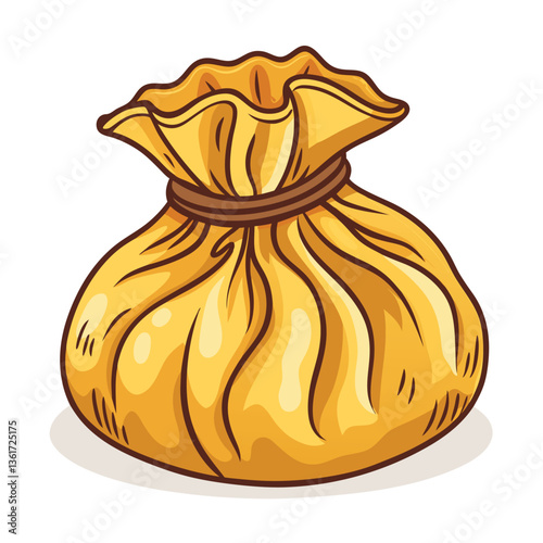 Create a bold, vector illustration of a crispy, golden-brown deep-fried dumpling. Emphasize texture and juicy interior.