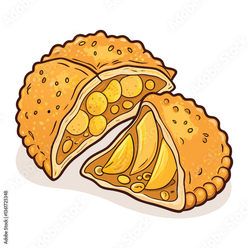 Create a bold, vector illustration of a crispy, golden-brown deep-fried dumpling, emphasizing texture and juicy filling.  Use strong outlines and vibrant colors.