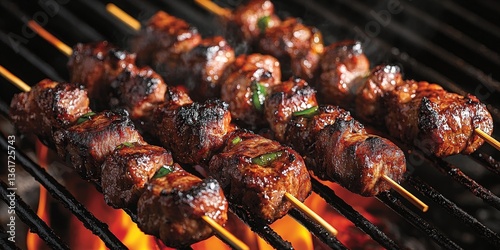 Sizzling shish kabobs grill over flames. Brown and green vegetables and meat create a delicious, smoky aroma