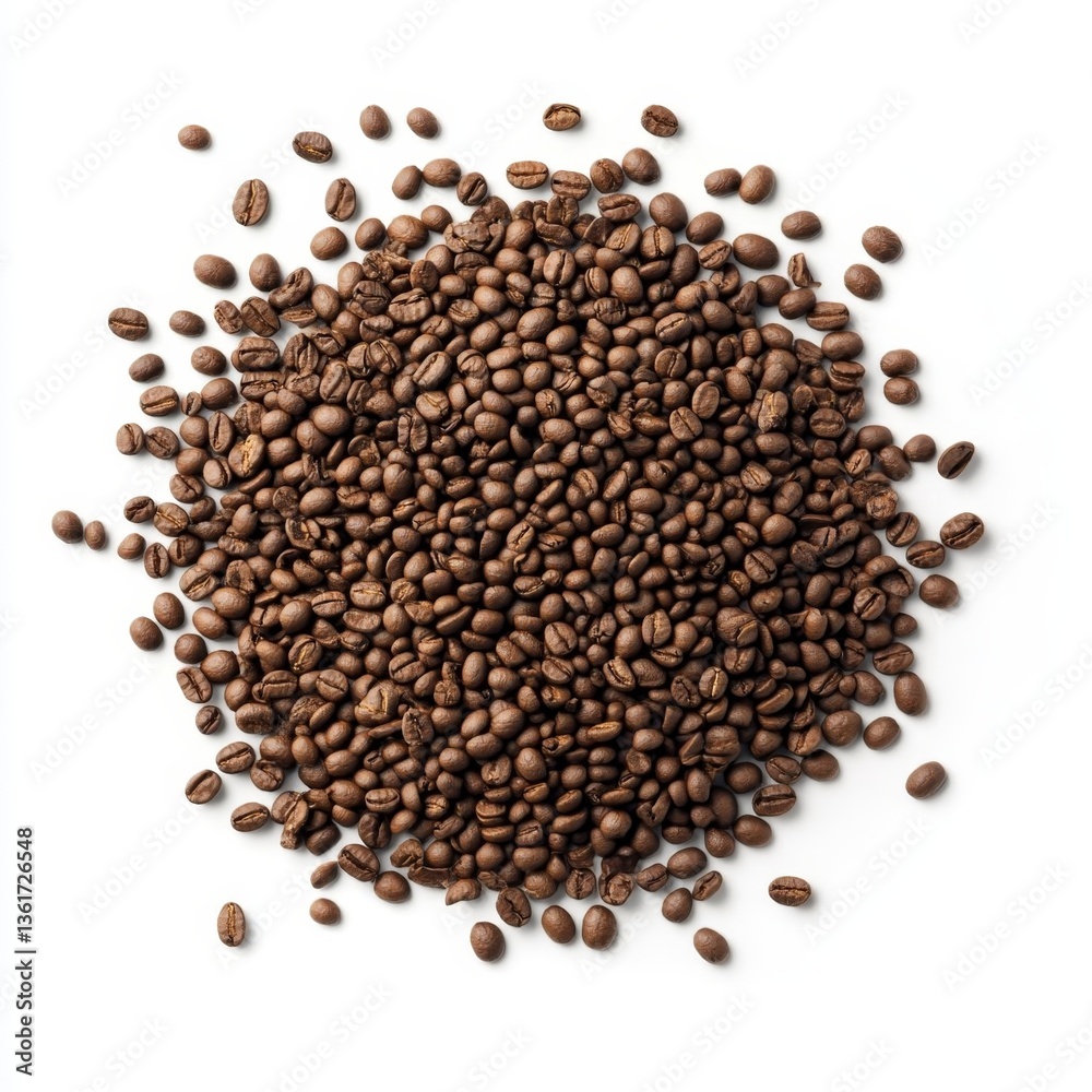pile of coffee beans on white background in the center top view pile of coffee beans on white background in the center top view