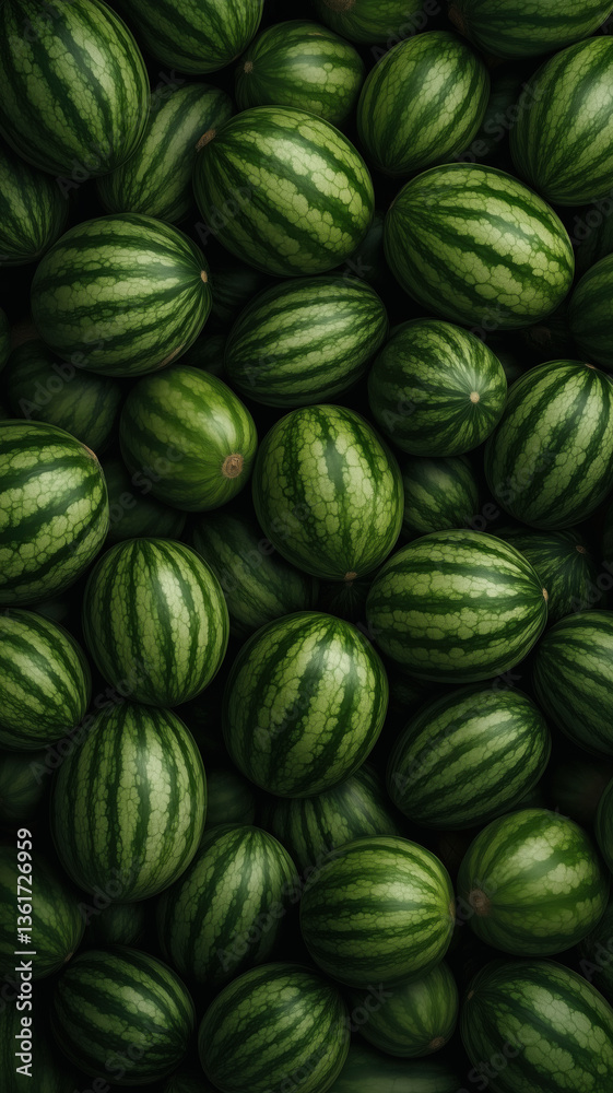 Vibrant pattern of whole green watermelons arranged in a tightly packed layout for refreshing design use.

