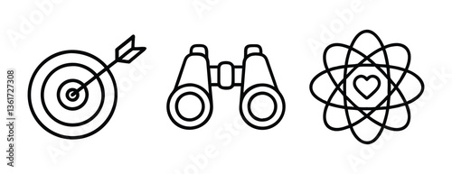 Mission vision and values line icons set for business and corporate identity  
