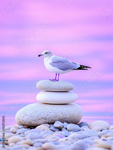 Serene seagull perched atop balanced stones at sunset