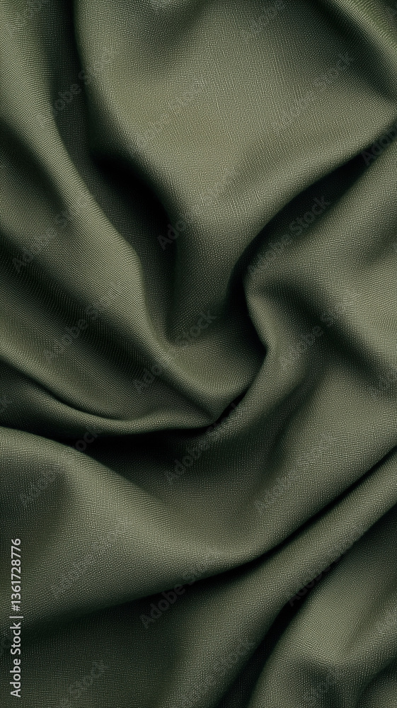 Fototapeta premium Wrinkled olive green textile forming soft curves and natural shadows for elegant phone wallpaper use.