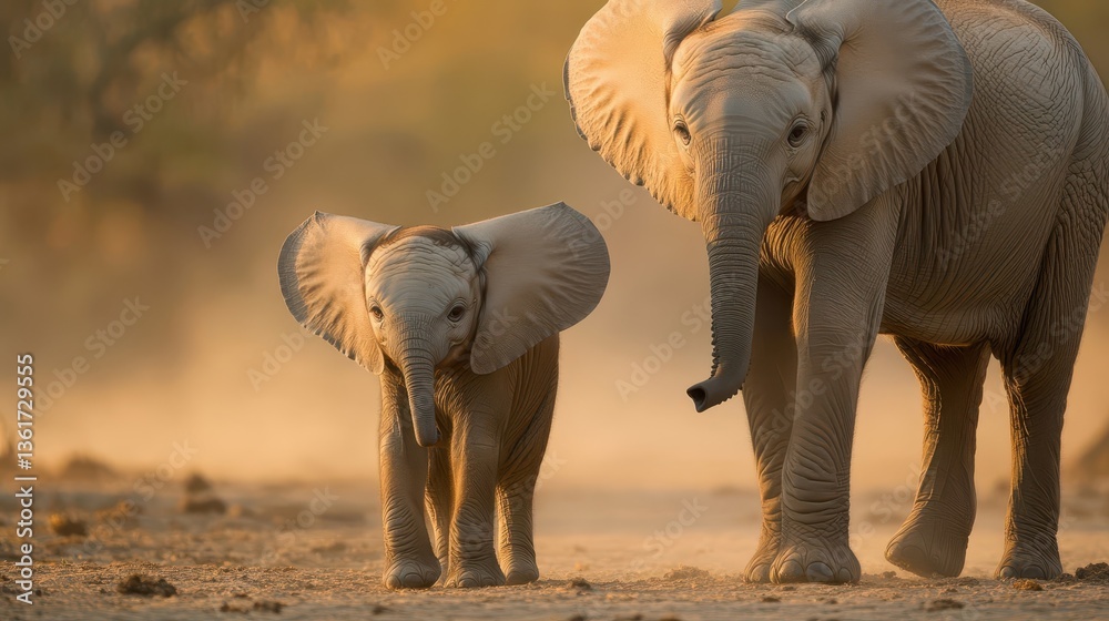 Fototapeta premium A mother elephant and her calf walking in the sunlight