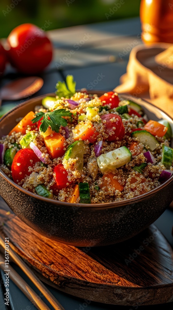 Cheerful and colorful quinoa salad in a bowl on a table surrounded by fresh veggies and a warm dining environment Cheerful and colorful quinoa salad in a bowl on a table surrounded by fresh veggies and a warm dining environment