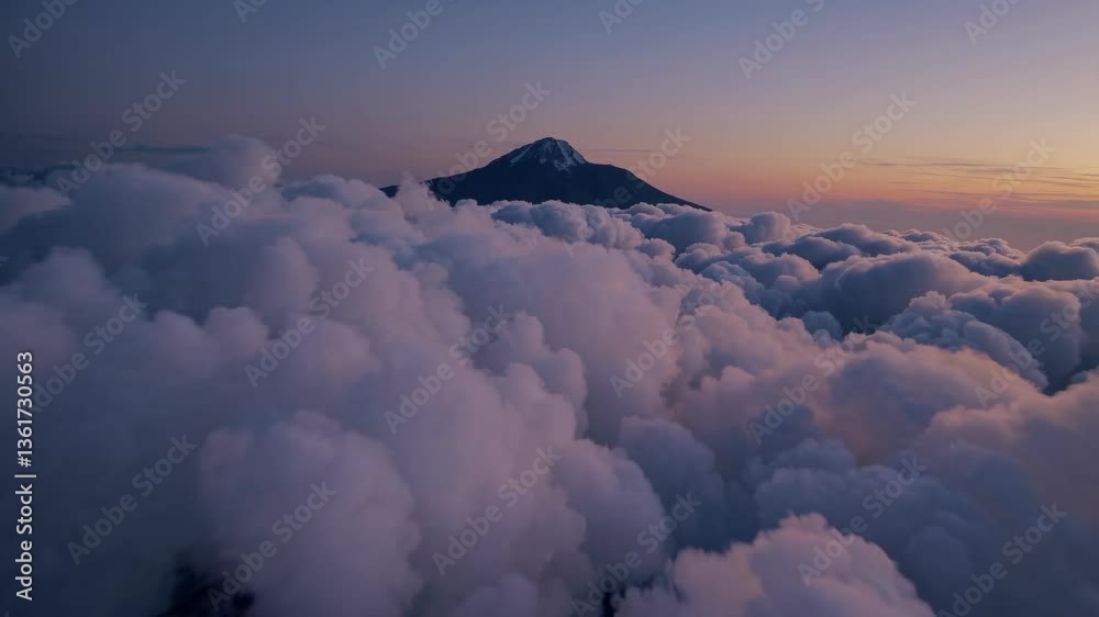 Aerial video captures a serene mountain peak above fluffy clouds at sunset, showcasing a tranquil and majestic landscape from a high angle. Live desktop wallpaper.