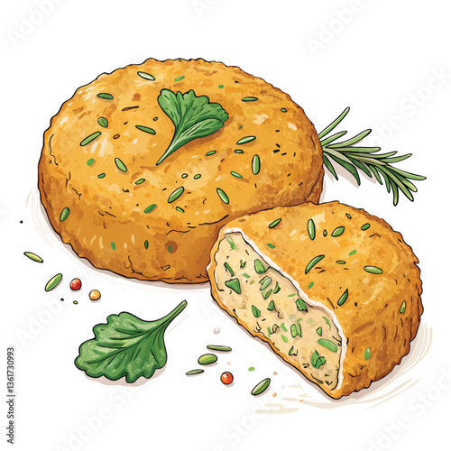 Design a bold, vector illustration of a crunchy fish cake, emphasizing texture and crispness with strong, graphic lines.  Include vibrant colors.