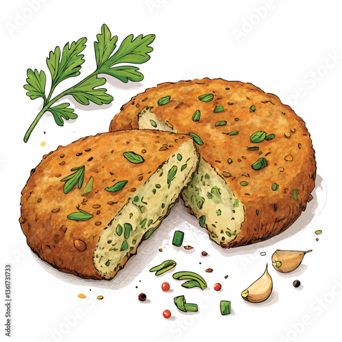 Create a bold, vector illustration of a crunchy fish cake, emphasizing texture and detail with strong, defined lines.