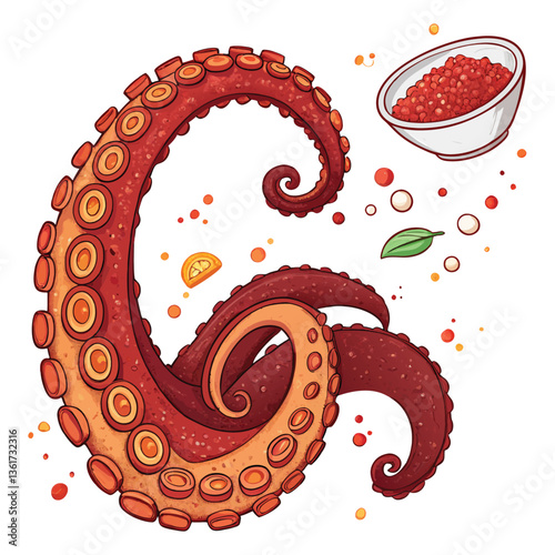 Create a vector illustration of a crunchy fried octopus with bold, impactful strokes; emphasize texture and deliciousness.