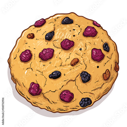 Create a bold vector illustration of crunchy oatmeal raisin cookies, emphasizing texture and detail with thick, expressive lines.