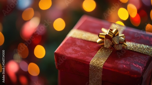 A Red Gift Box Wrapped With Golden Ribbon And Bow