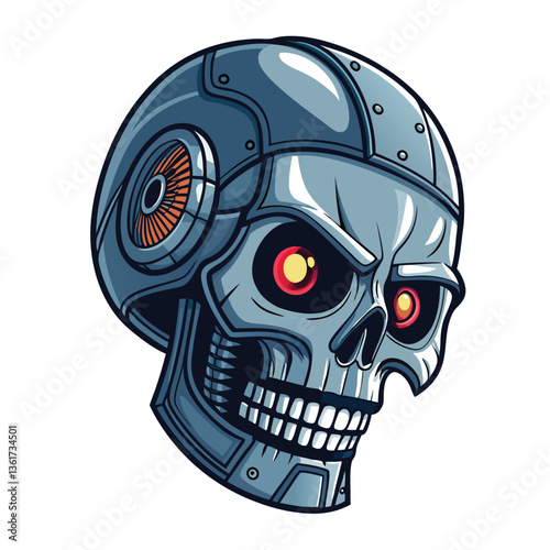 Create a bold, vector illustration of a cybernetic skull, emphasizing strong lines and vibrant color gradients.  Include intricate details.