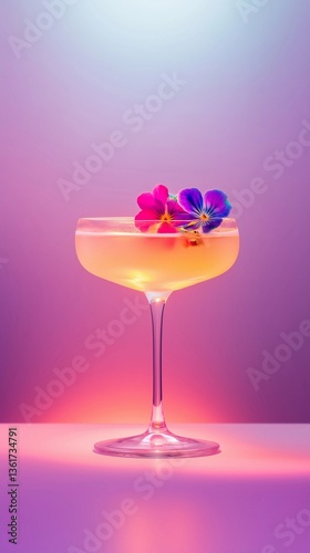 Creative cocktail with floral garnish illuminated in vibrant hues at a modern bar setting