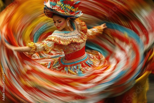 Vibrant festival scene with a dancer in colorful folk attire expressing joy and energy.