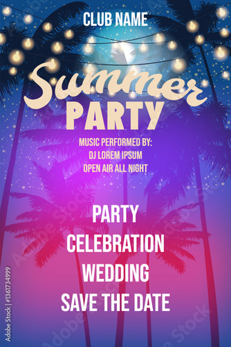 Summer Party Night Beach Template Design Palms Party Poster, Flyer