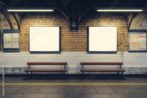 Photorealistic Mockup of Twin Double Blank Signboards on London Tube Station Platform