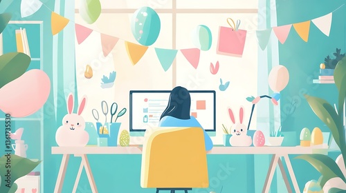 Focused Latin CEO studying growth trends on paper, festive Easter bunnies and pastel hues decorating the office