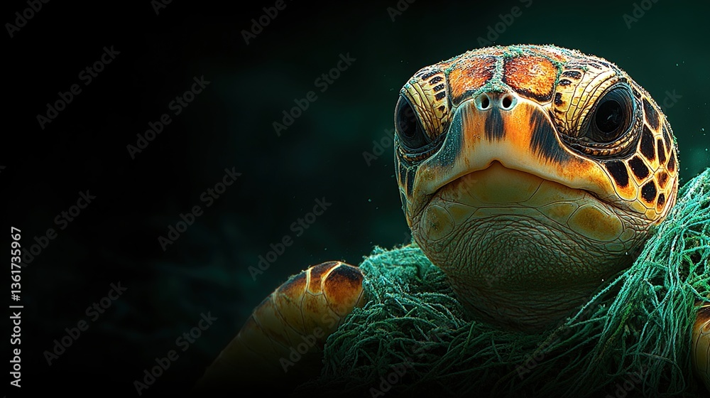 Fototapeta premium Close Up Of A Sea Turtle Entangled In Fishing Net