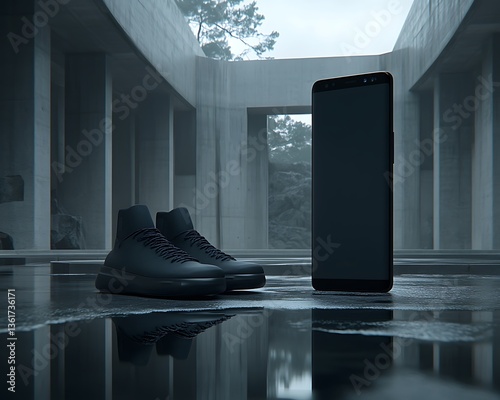 Minimalist shoes and phone in modern setting.