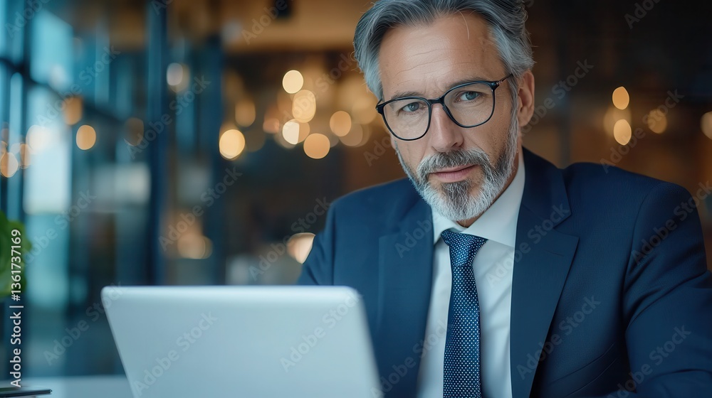 Fototapeta premium Virtual office remote cloud-based work. Professional man working on a laptop in a modern office setting.