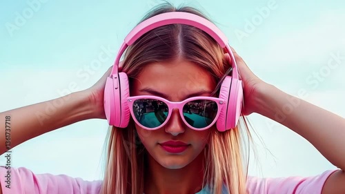 Carefree young woman enjoying music in nature with headphones and sunglasses. Vibrant portrait of a stylish,trendy teen girl relaxing outdoors on a sunny day.