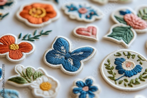 Wallpaper Mural Floral and butterfly embroidered cloth patches on a white textured background. It shows design inspiration, apparel decoration or craft project elements. Torontodigital.ca