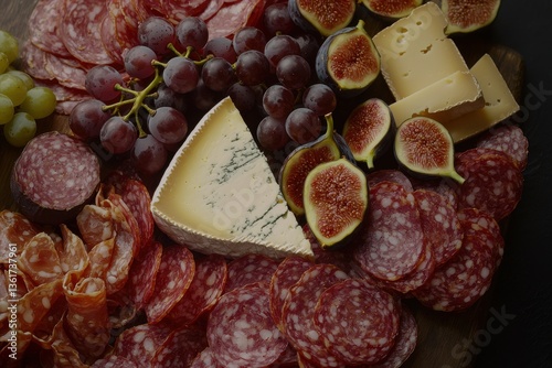 An elevated view of a charcuterie board showcasing a variety of sliced salami, cheese, figs and grapes, presenting a visually appealing and tasteful arrangement for a delightful gourmet experience.