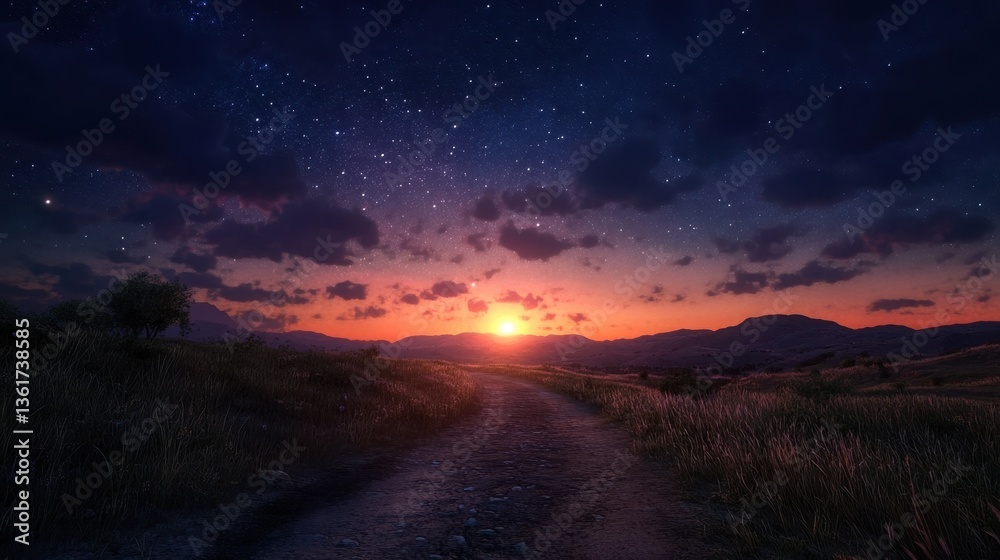 Fototapeta premium Starry night skies meet a desert road and gorgeous sunset colors. Use for travel blogs, spiritual journey imagery, or natural beauty scenes.