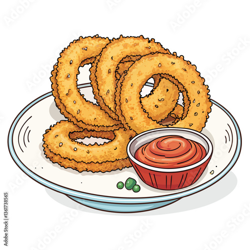 Create a vibrant vector illustration of deep-fried calamari rings, using bold, dynamic strokes and a striking color palette.  Emphasize texture and crispy detail.