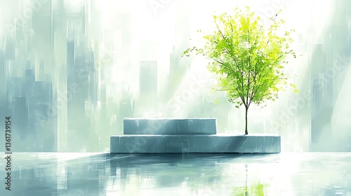 Minimalist urban scene with tree and platform.