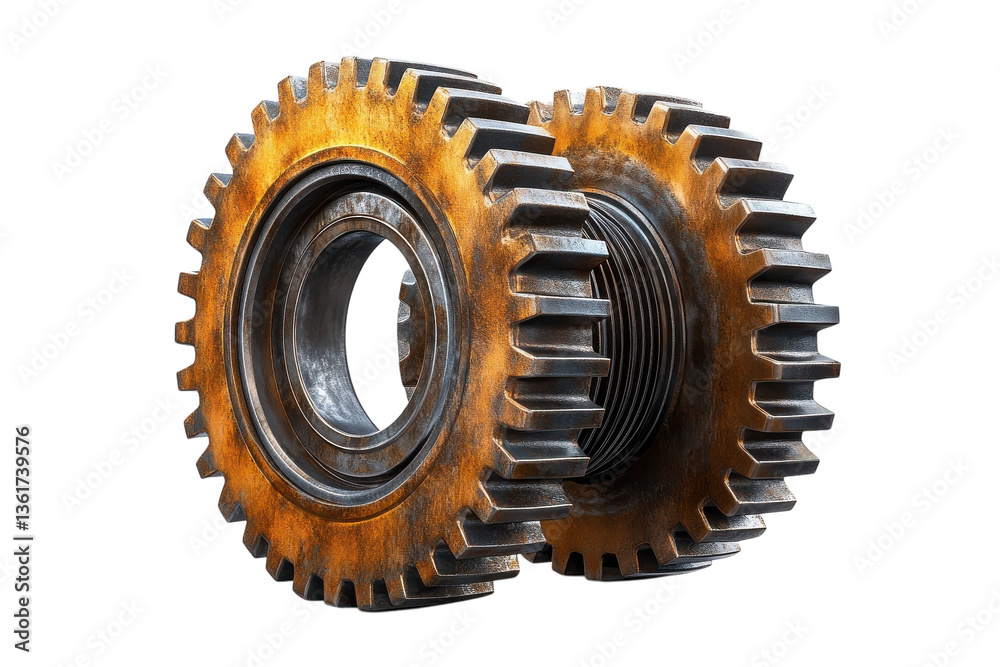 Two Weathered Gears Interlocked, A Testament To Enduring Strength And Intricate Mechanics, Showcasing A Rusty Gold Patina Against A Clean Isolated on Transparent Background Two Weathered Gears Interlocked, A Testament To Enduring Strength And Intricate Mechanics, Showcasing A Rusty Gold Patina Against A Clean Isolated on Transparent Background