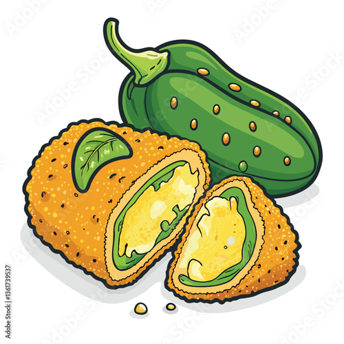 Create a bold vector illustration of a deep-fried cheese stuffed appetizer, showcasing crispy texture and oozing cheese.