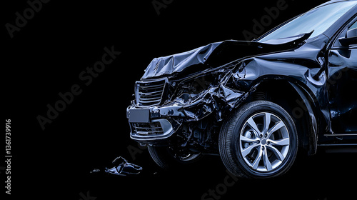 Severely damaged black vehicle front end after collision, isolated on black background