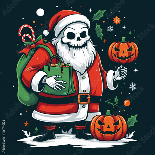 Santa Claus bringing gifts near a Christmas tree in a festive winter scene