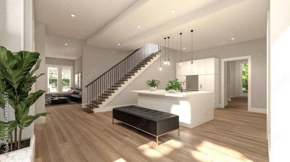 Naklejka premium Modern house foyer, kitchen, staircase. Interior, light-filled. Potential use Real estate, home design