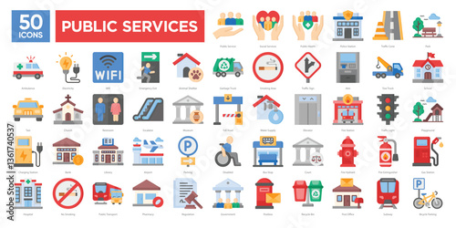 Public services icon collection set, including transportation, healthcare, safety, utilities, and government facilities. Ideal for maps, infographics, and urban planning designs.