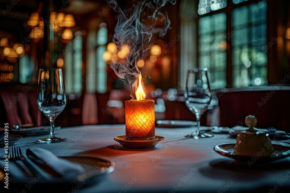 Obraz premium Warm ambiance of a fine dining establishment featuring a lit candle on a neatly set table with glasses, creating a mood of intimacy, elegance and celebration.