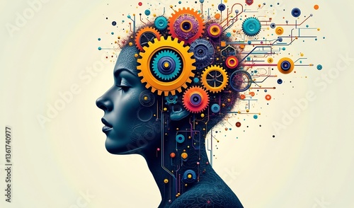 Serene woman profile vibrant gears creatively depict intricate mind processes. AI Generated