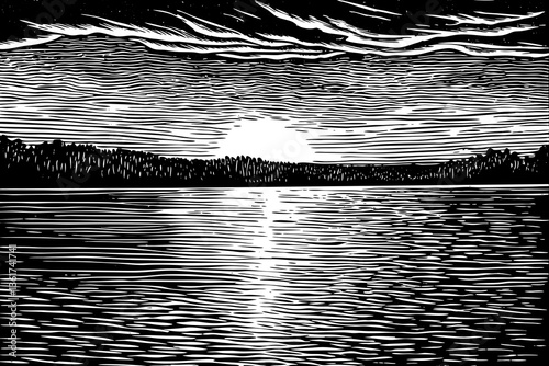 Panorama of beautiful sunrise over lake black and white sketch vector