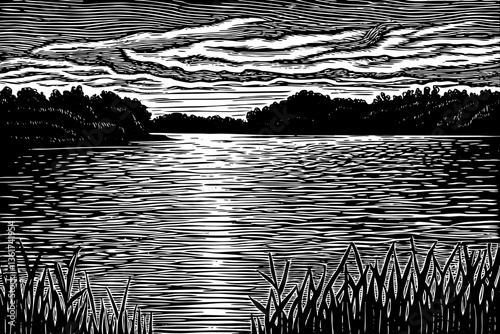 Panorama of beautiful sunrise over lake black and white sketch vector