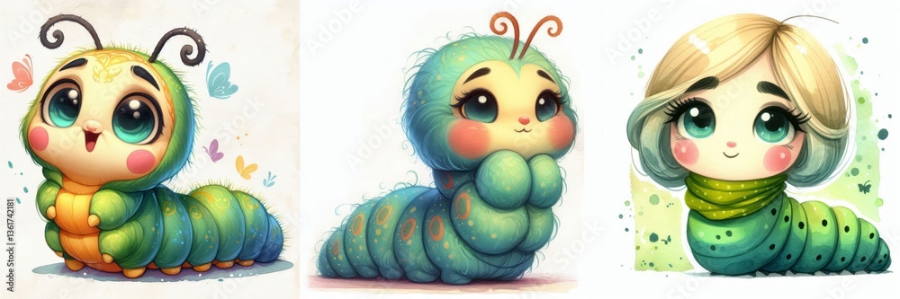 Fototapeta premium Adorable Caterpillar Character Designs with Varied Styles and Expressive Eyes