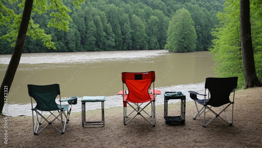 Fototapeta premium Lakeside Relaxation: Camping Chairs Offer a Picturesque View of the Forest River, Inviting You to Unwind and Enjoy Nature's Beauty.