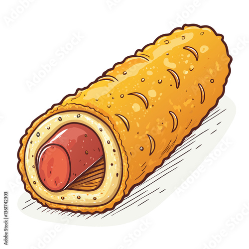 Create a bold, vector illustration of a deep-fried sausage roll, emphasizing texture and crispness.  Use vibrant colors and strong lines.