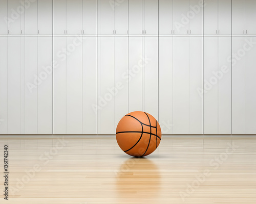 Fototapeta Naklejka Na Ścianę i Meble -  Single basketball on polished wood floor in front of lockers