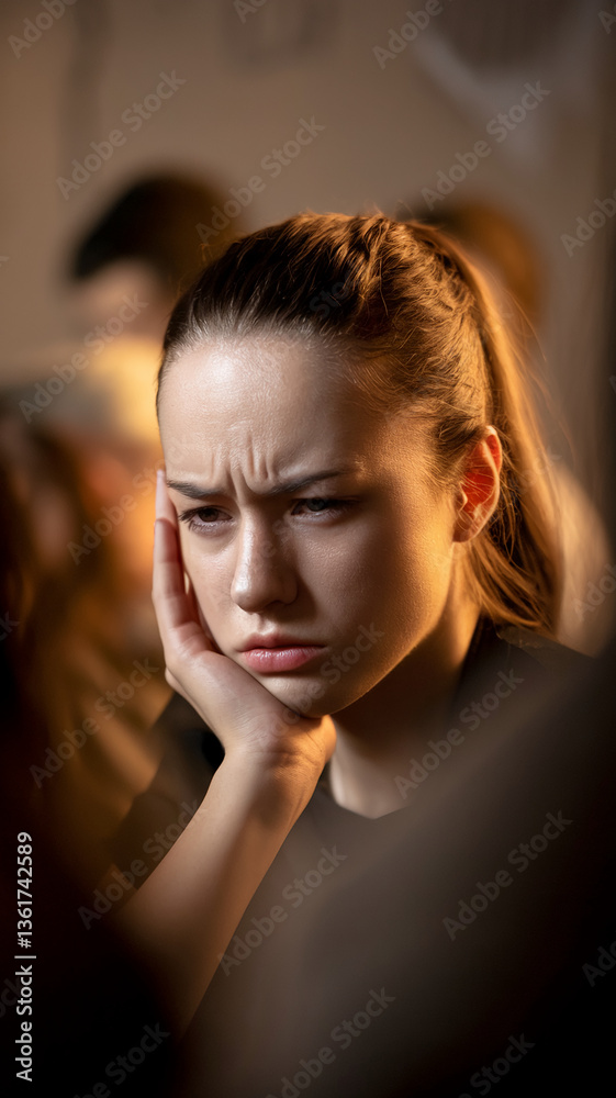 Fototapeta premium Close-up of young woman's face, hand supporting chin, showing pensive expression, conveying thoughtfulness and introspection, ideal for mental health or emotional concepts